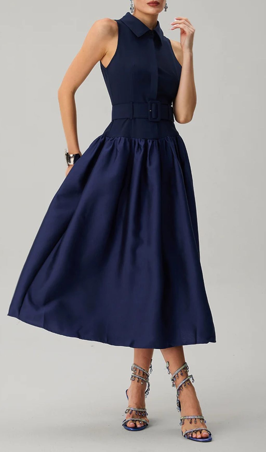 292006ca7ce3bbf33bb50253b2048d40.jpg Fashionslee Women Jovisonic Folded Collar Midi Dress With Belt