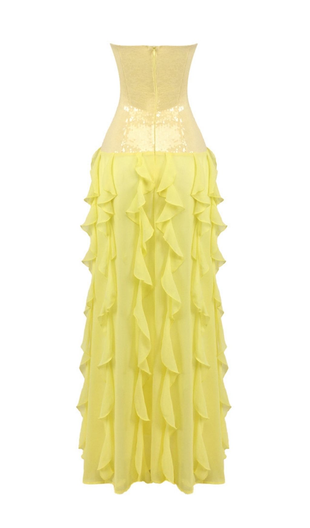 2928c0353ea102d7002dfbbdd105f557.jpg Fashionslee Women Kalki Yellow Strapless Sequin Ruffle Maxi Dress