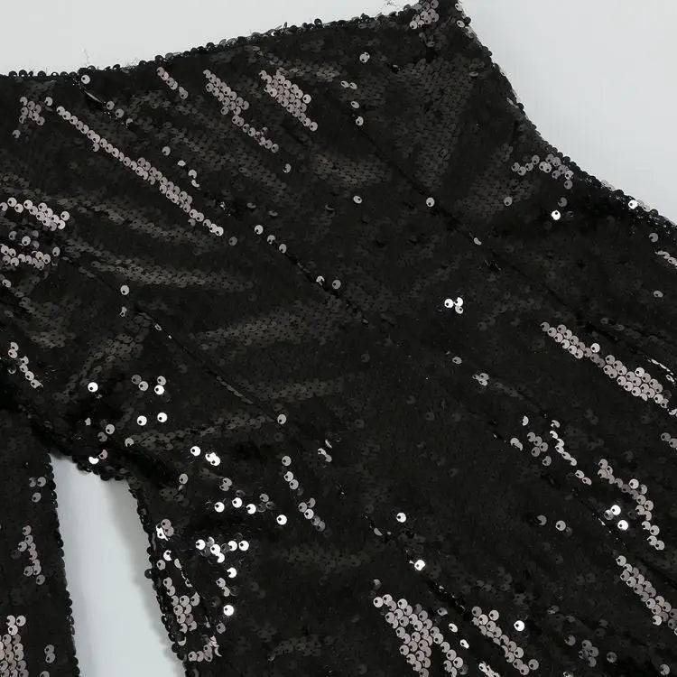 Fashionslee Women Black Sequin One Shoulder Feather Mini Dress