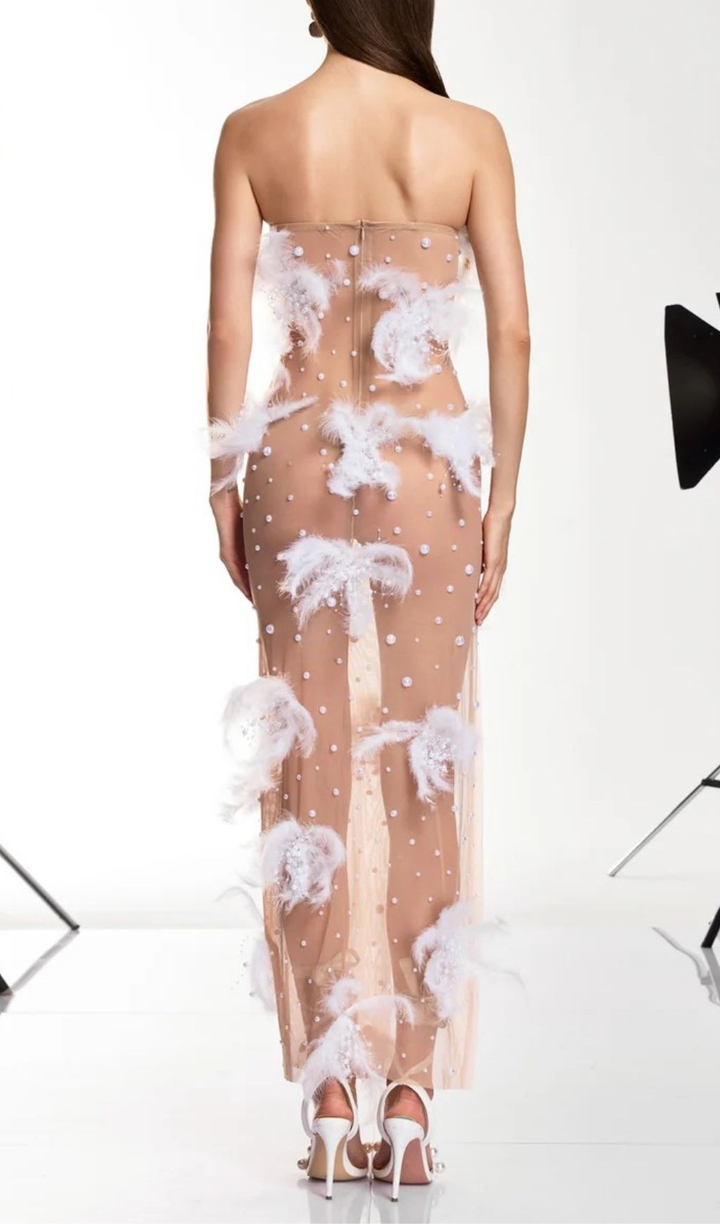 Fashionslee Women Droven Strapless Feather Mesh Maxi Dress