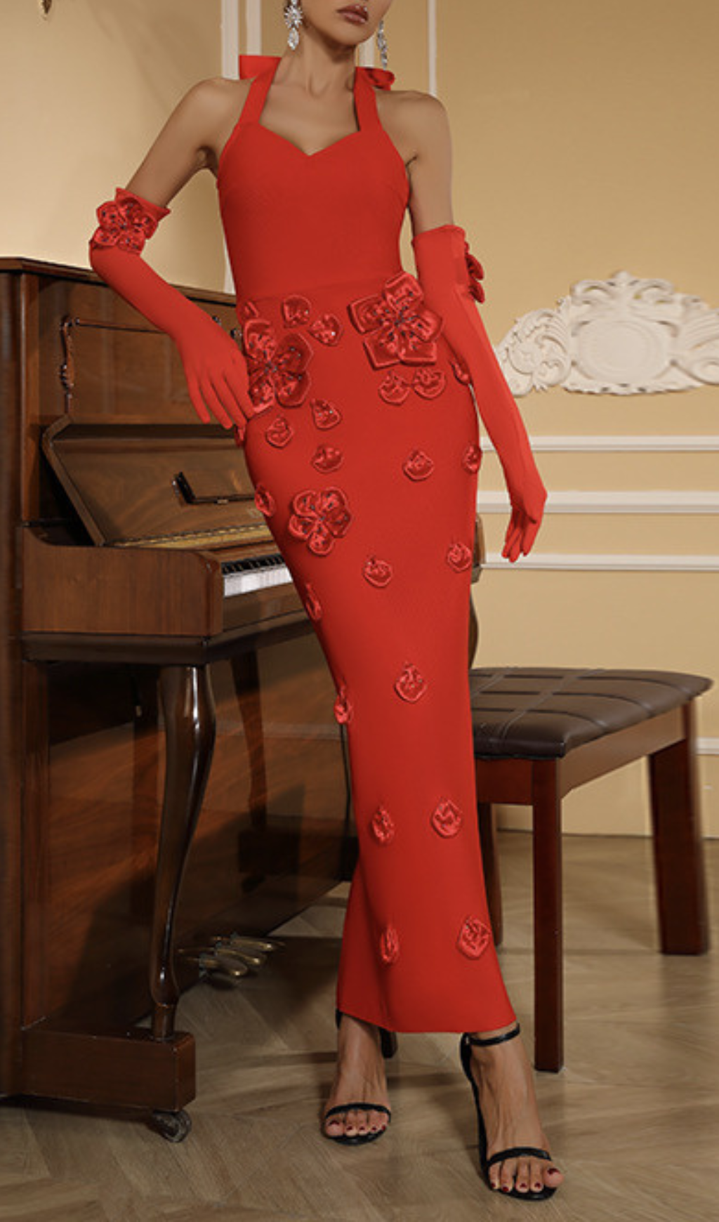 Fashionslee Women Galaxy Red Halter Flower Maxi Dress With Gloves