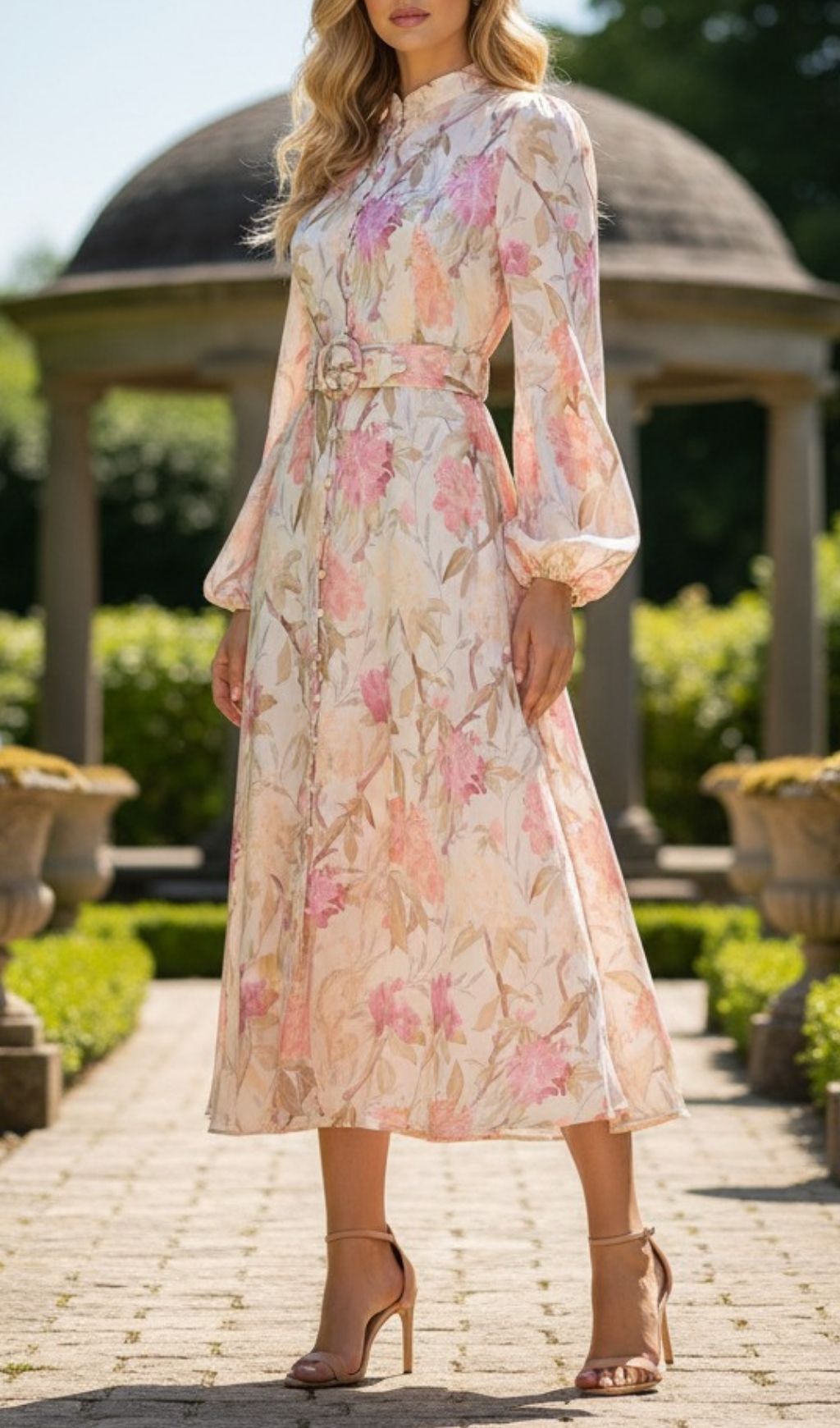 Fashionslee Women Kameryn Pink Floral Long Sleeve Midi Dress