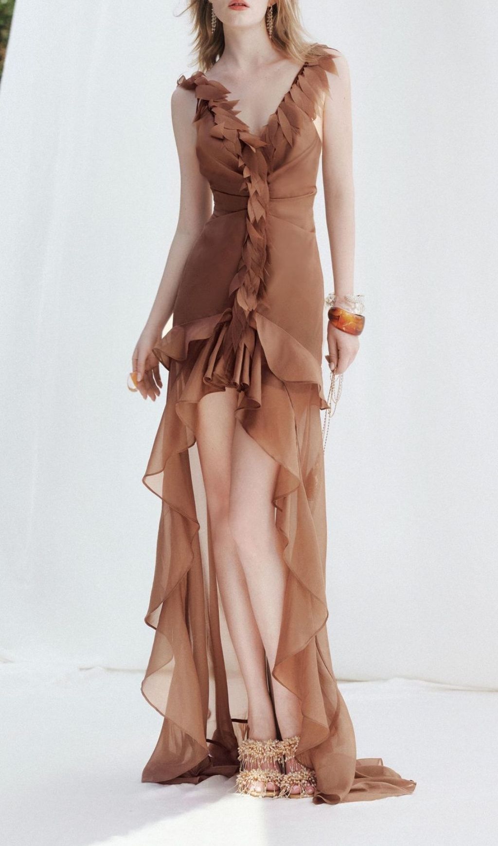 Fashionslee Women Kobi Amber Leaf Ruffle Mesh Maxi Dress