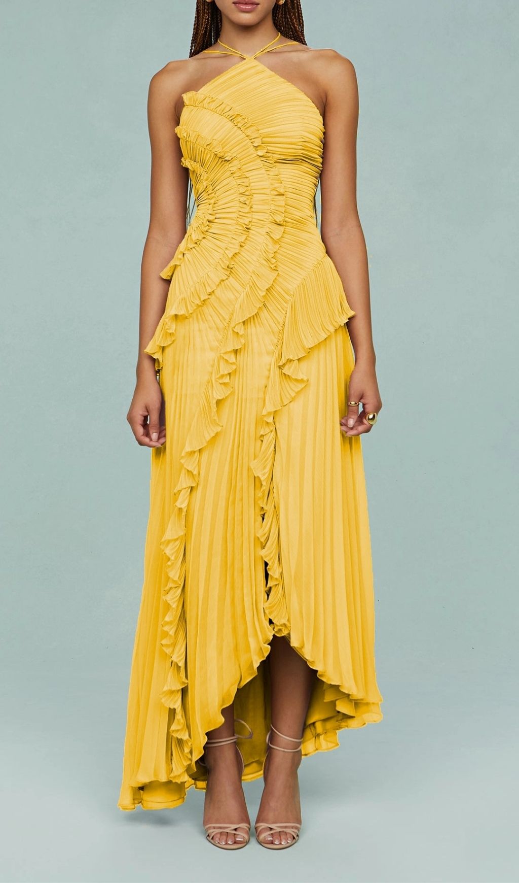 Fashionslee Women Finneas Yellow Halter Pleated Maxi Dress