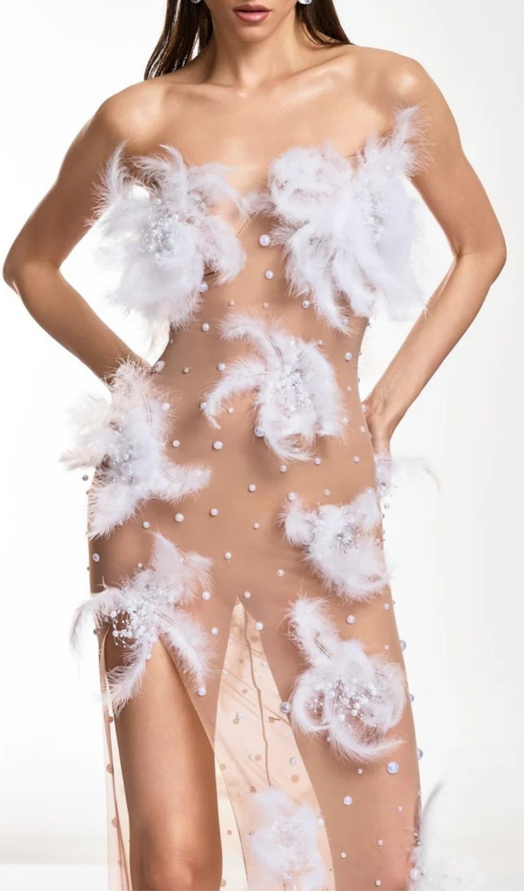 2a33ff2c2e00c280d78d7e839e748af9.jpg Fashionslee Women Droven Strapless Feather Mesh Maxi Dress