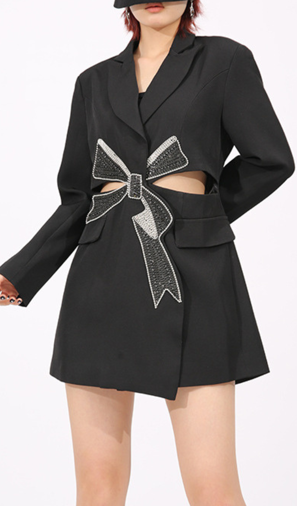 Fashionslee Women Farida Black Long Sleeve Diamante Bow Mini Blazer Dress
