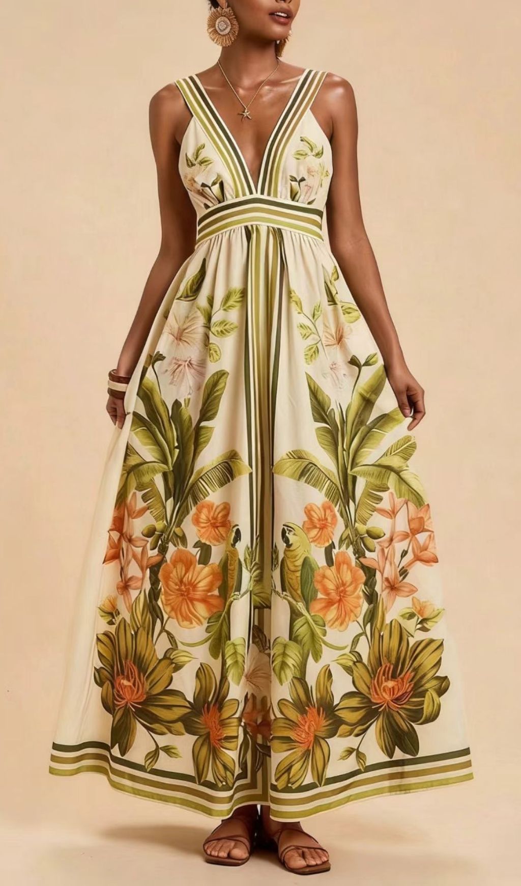 Fashionslee Women Laibah V-Neck Flower Printed Maxi Dress