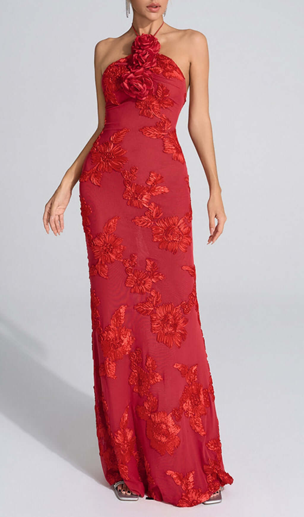 Fashionslee Women Bambi Red Halter Flower Maxi Dress