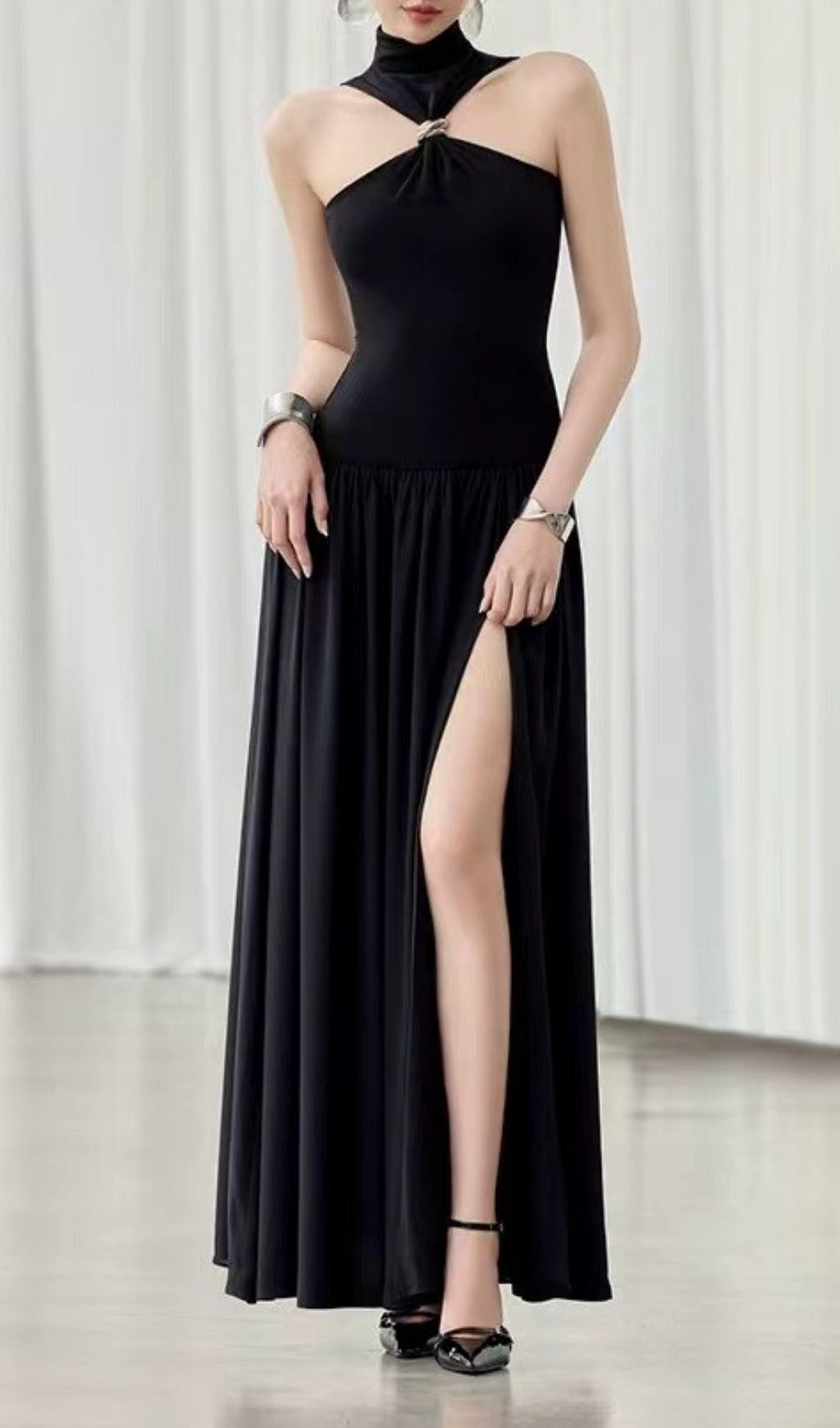 Fashionslee Women Kelley Black Halter Slit Maxi Dress
