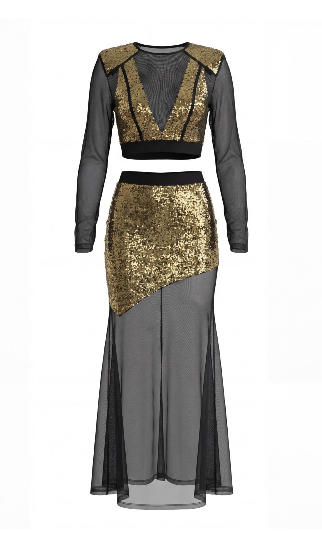 2ab9a59eba6c6b737d173df37bbf8b29.jpg Fashionslee Women Jaivan Gold Sequin Mesh Two-Piece Set