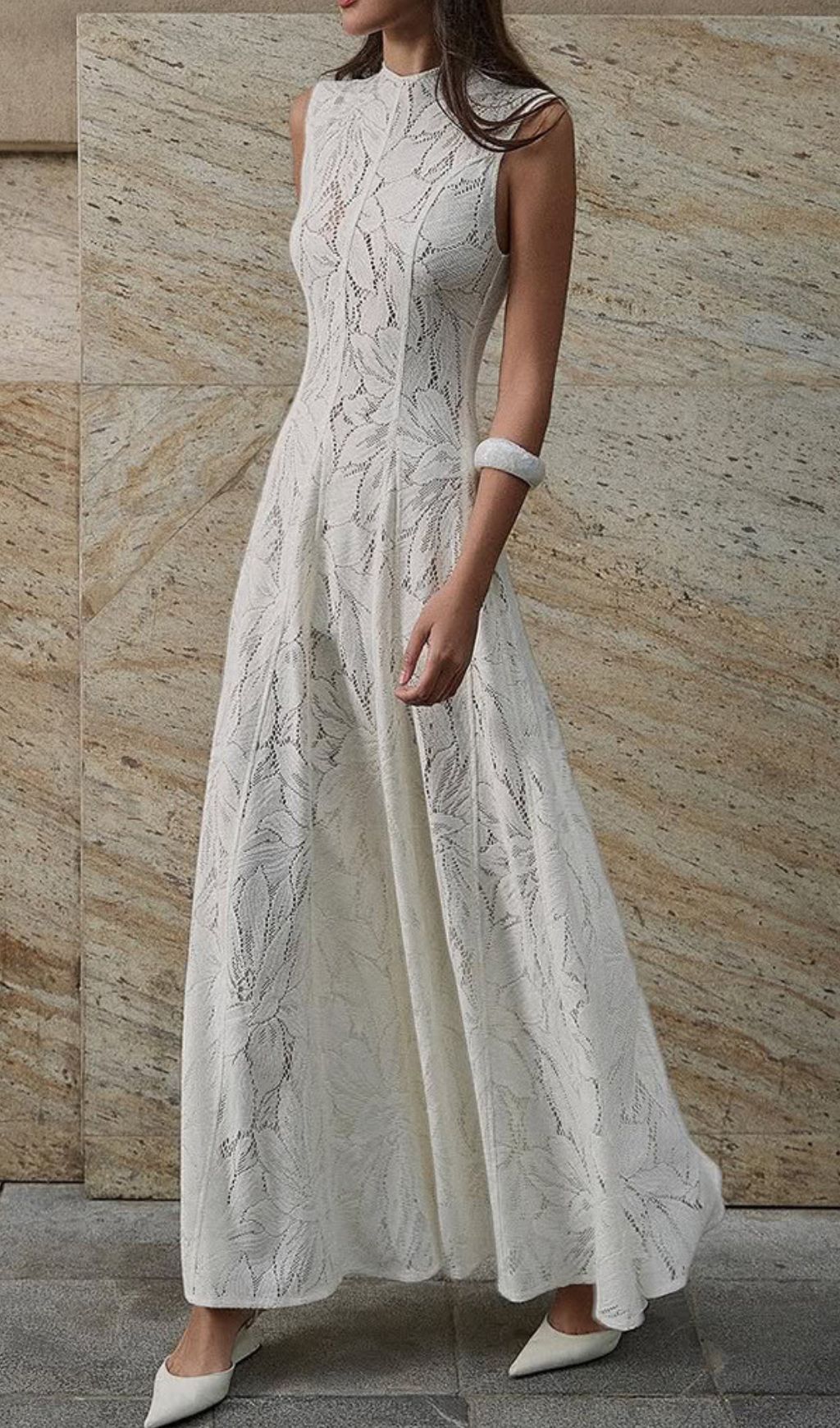 Fashionslee Women Flo White Leaves Lace Embroidery Maxi Dress