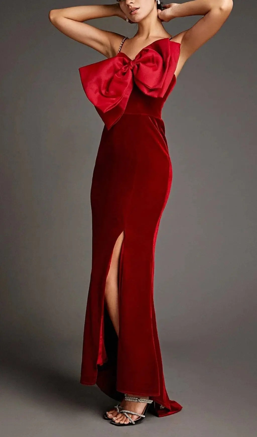 Fashionslee Women Dark Red Front Bow Side Slit Mermaid Maxi Dress