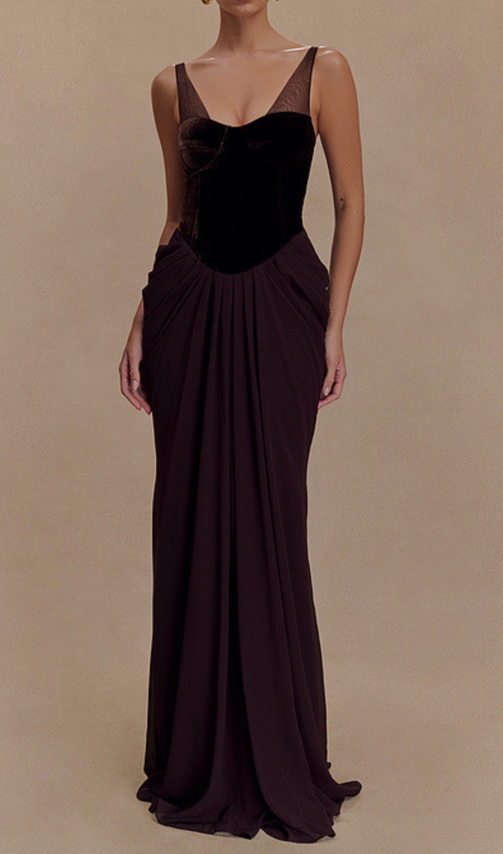 2b05185774e1a86b301195fe6986fa67.jpg Fashionslee Women Dericia Velvet Bustier Draped Maxi Dress