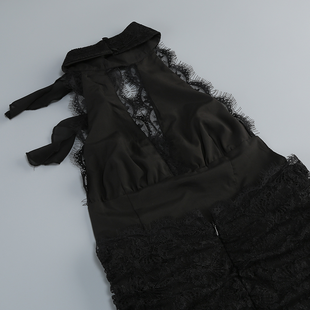 Fashionslee Women Hillel Black Halter Lace Maxi Dress