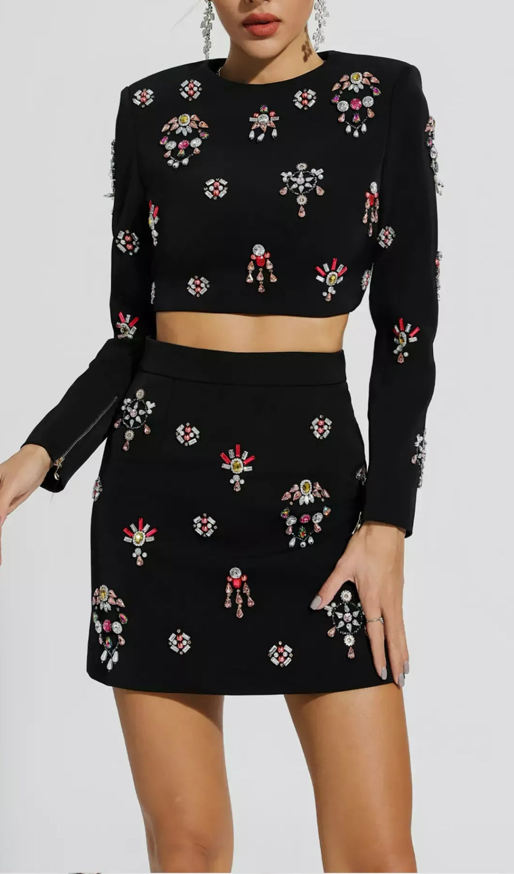 2b60007766c59231530f9c3307213938.jpeg Fashionslee Women Austine Black Rhinestone Embellished Skirt Set