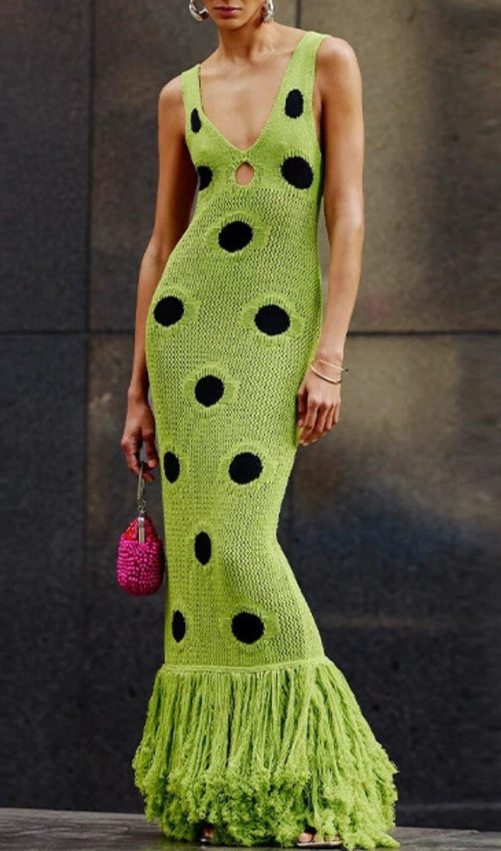 Fashionslee Women Gaelion Dot Fringe Knitted Midi Dress In Green