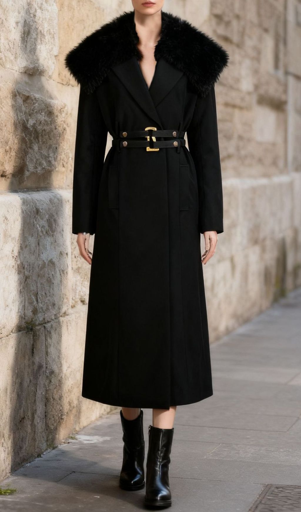 Fashionslee Women Ismail Black Fur Collar Coat