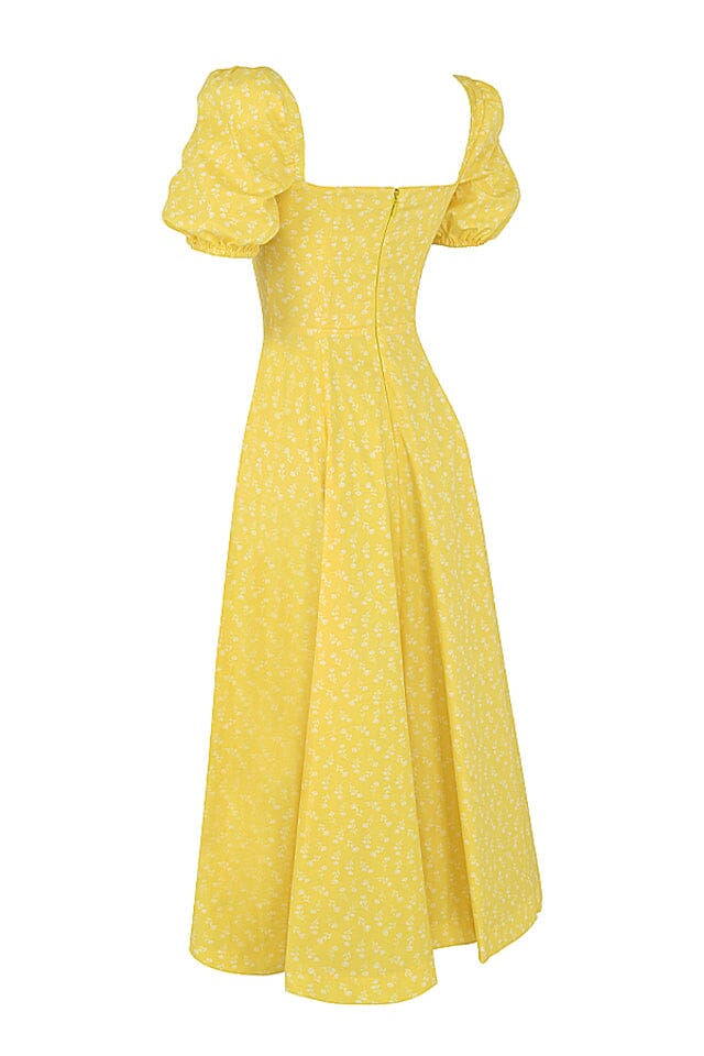 Fashionslee Women Vintage Floral Puff Sleeve Midi Dress In Yellow