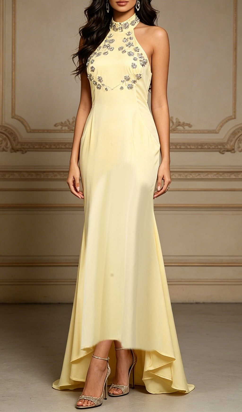 Fashionslee Women Lacy Yellow Halter Diamante Maxi Dress