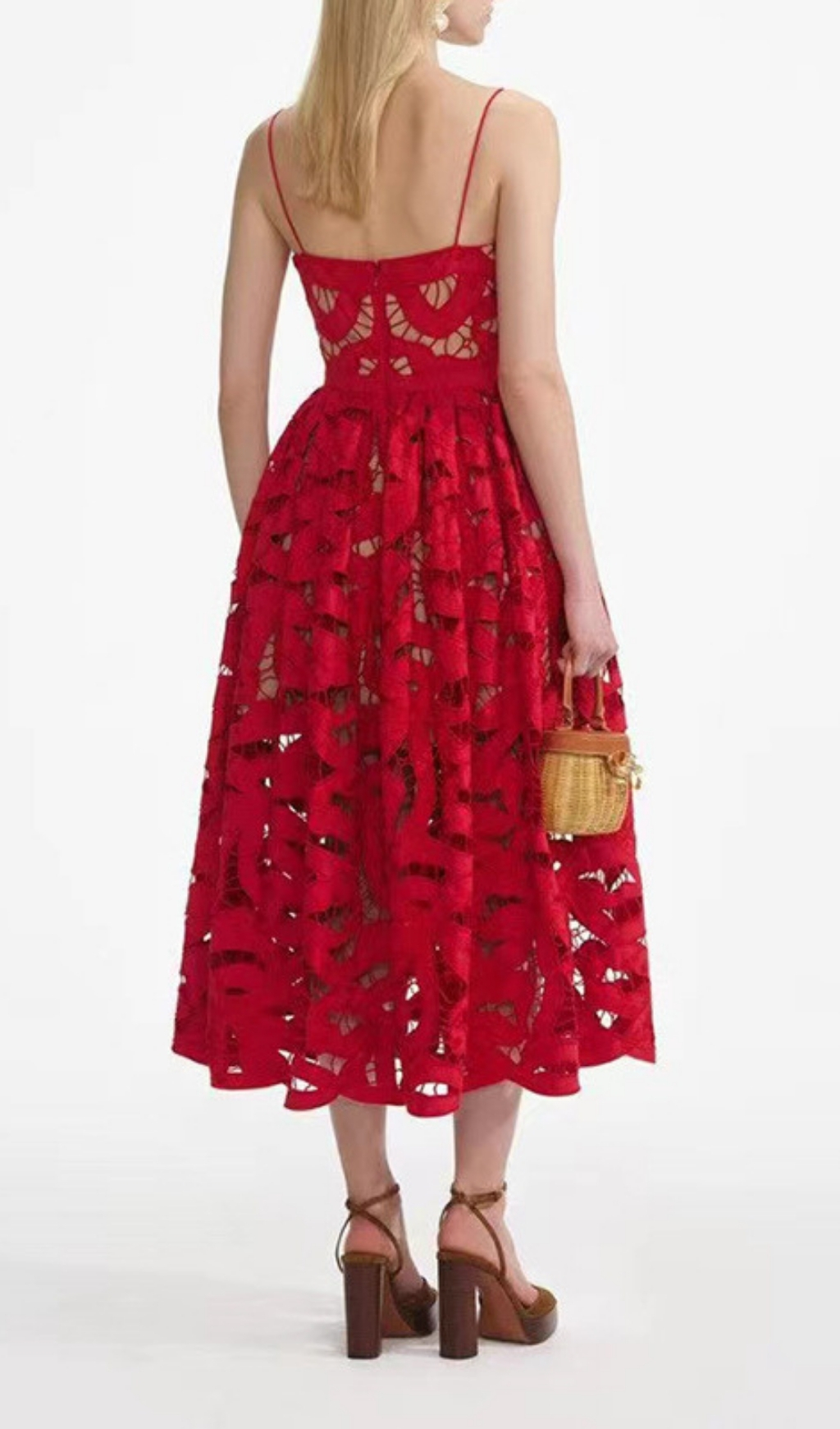 Fashionslee Women Fay Red Strappy Embroidery Midi Dress