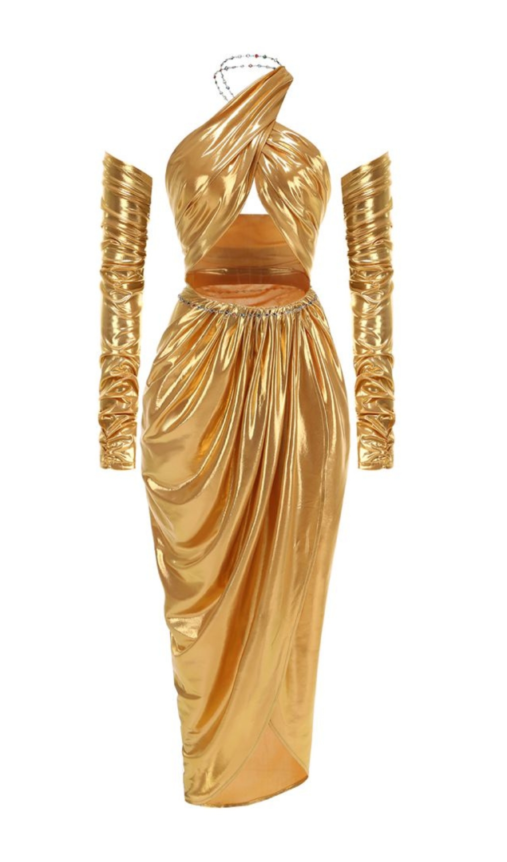 2c2584244bed9f1f1b31f070d3b00466.jpg Fashionslee Women Bodie Gold Halter Long Sleeve Draped Maxi Dress
