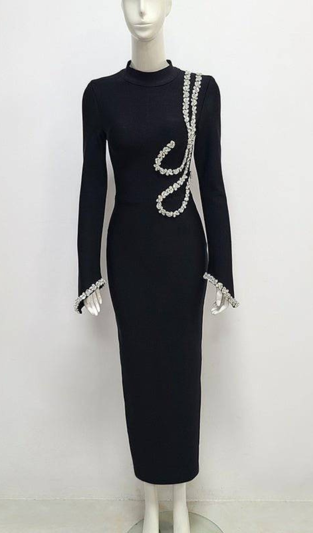 Fashionslee Women Bronagh Black Long Sleeve Crystal Embellished Midi Dress
