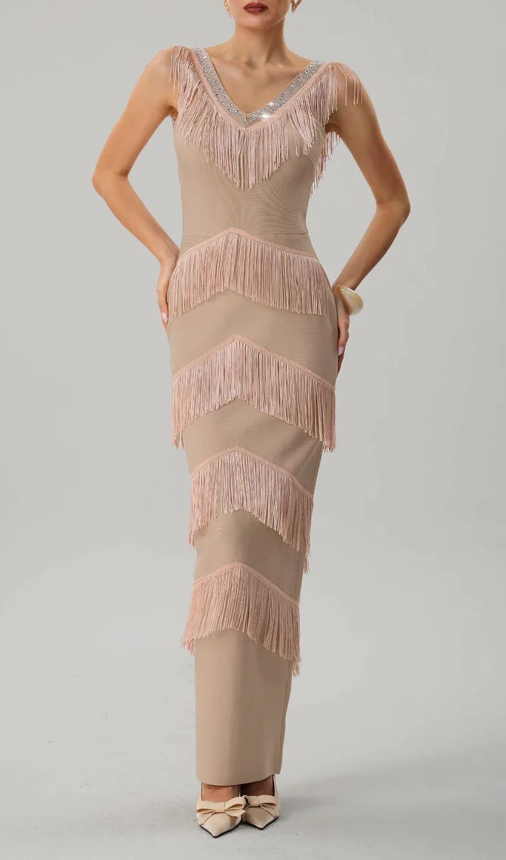 Fashionslee Women Kaleidrix V Neck Fringe Split Bandage Maxi Dress