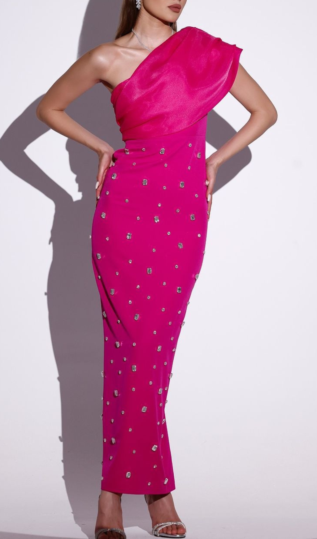 Fashionslee Women Camille One Shoulder Crystal Bandage Maxi Dress