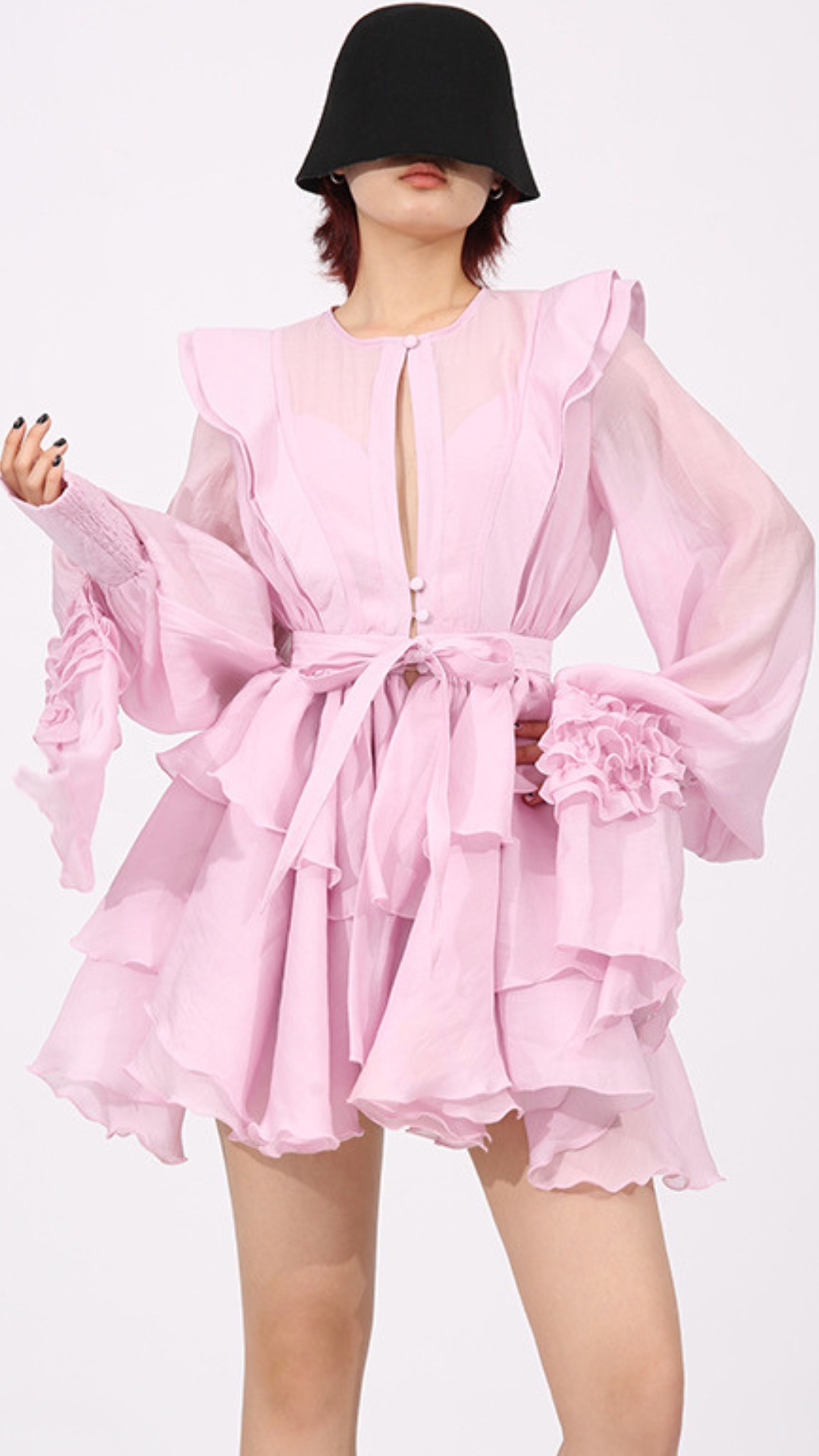Fashionslee Women Fleur Pink Long Sleeve Ruffle Mini Dress