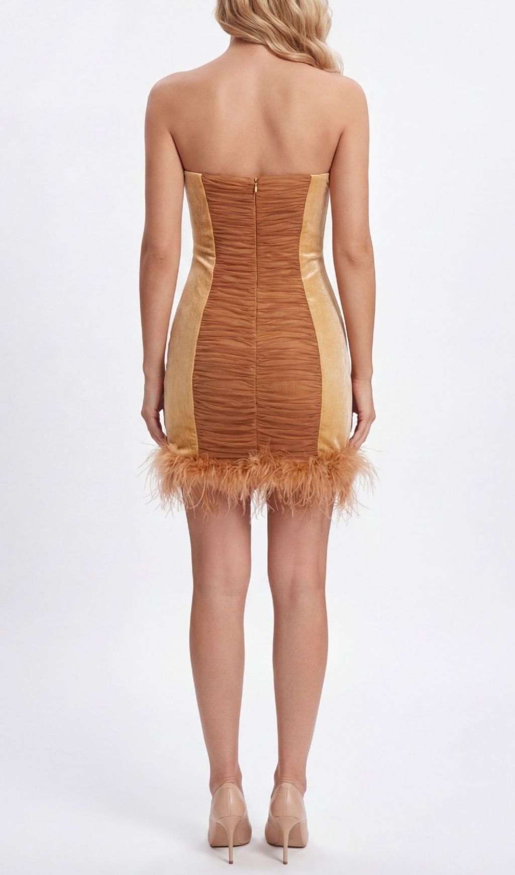 Fashionslee Women Kazuhito Strapless Diamante Ruched Feather Mini Dress