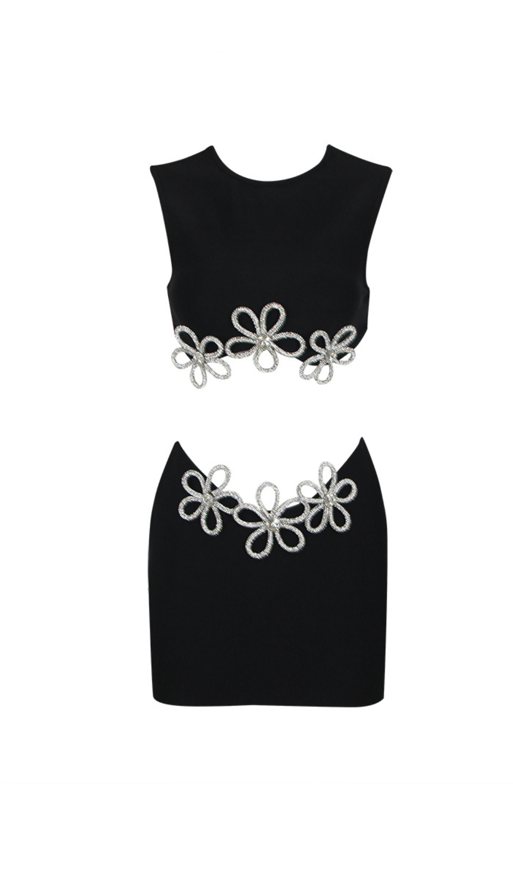 Fashionslee Women Hollow Sleeveless Hot Rhinestone Top & Dress Set