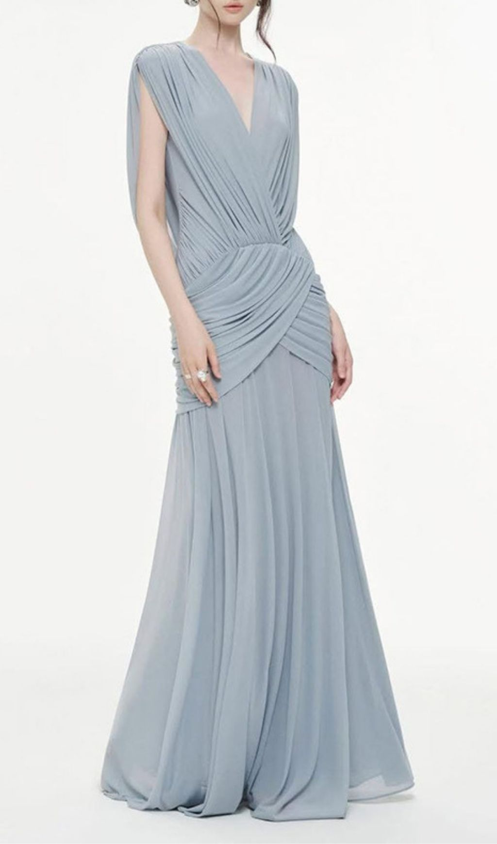 Fashionslee Women Kenia Blue V-Neck Ruched Maxi Dress