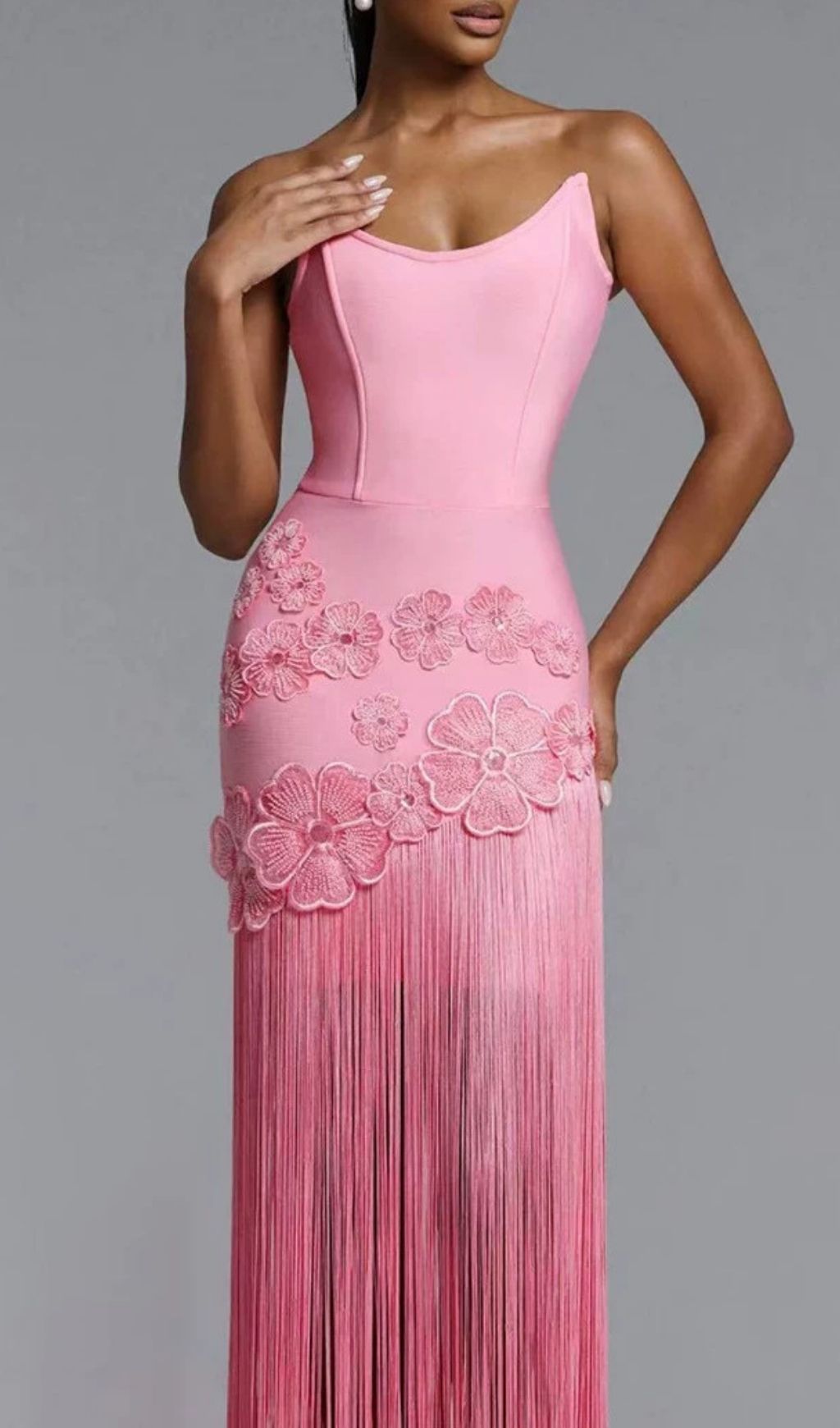 Fashionslee Women Koa Pink Strapless Flower Tassel Bandage Maxi Dress