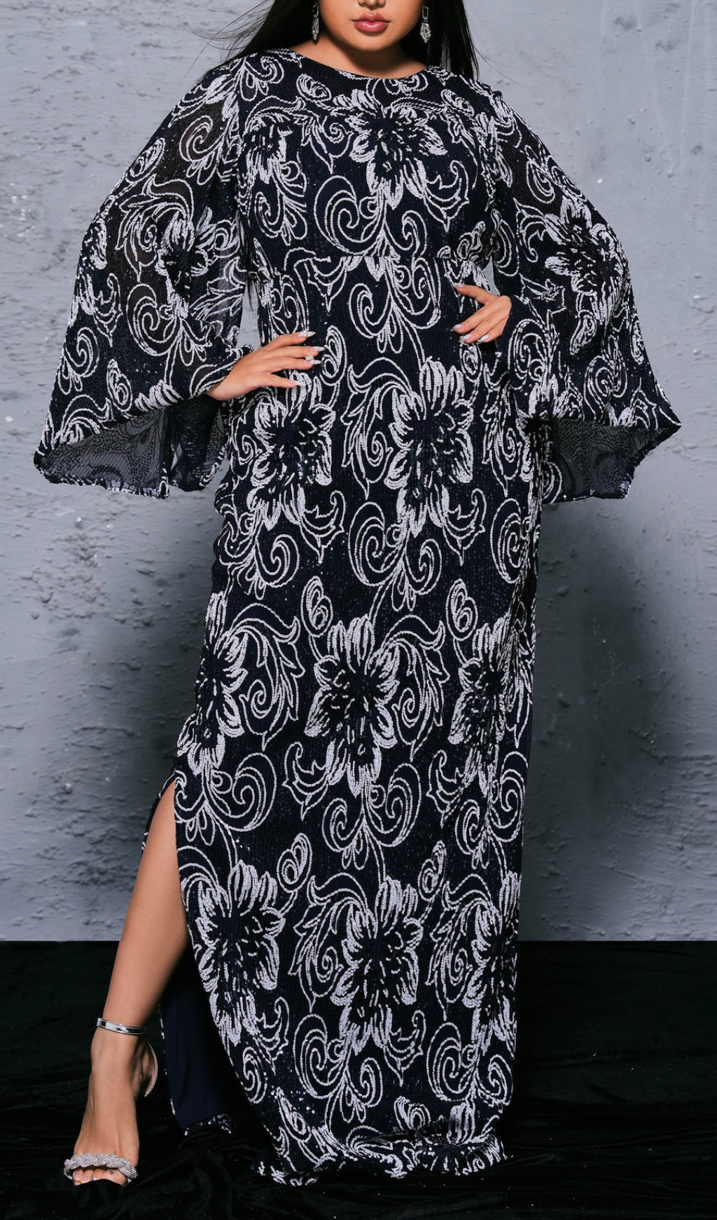 Fashionslee Women Bechan Black Flower Sequin Long Sleeve Maxi Dress