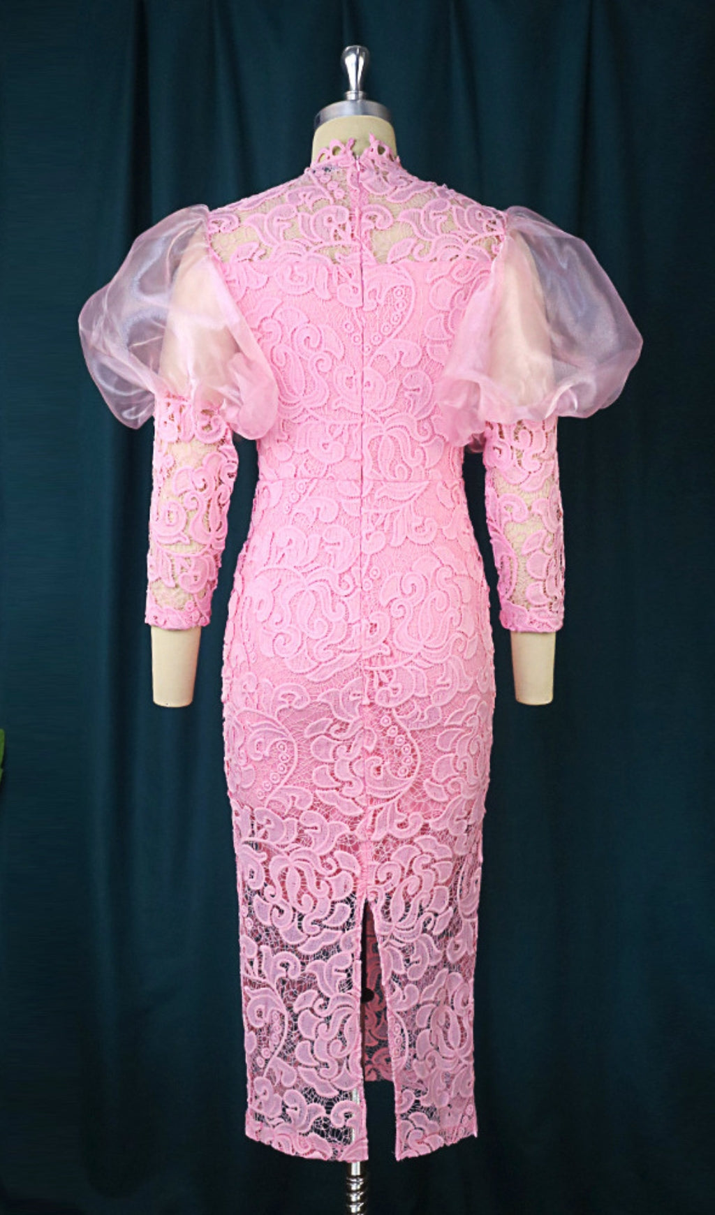 Fashionslee Women Aithne Pink Puff Sleeve Lace Midi Dress
