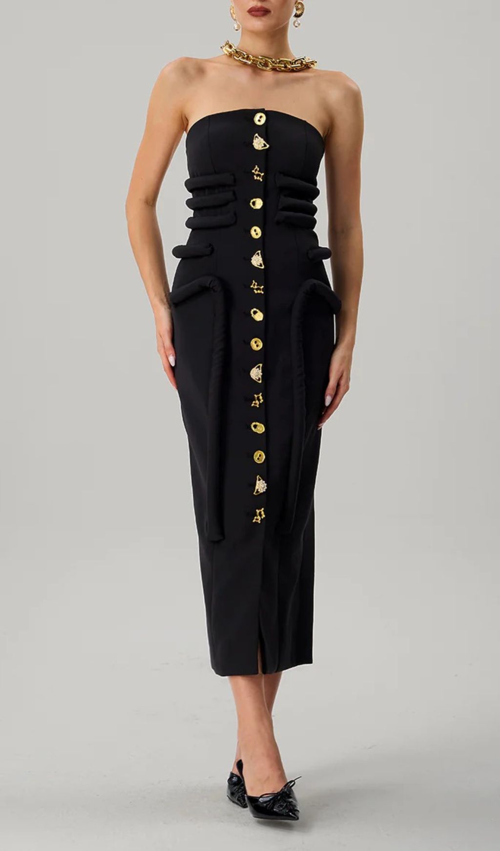 Fashionslee Women Faridun Strapless Button Midi Dress