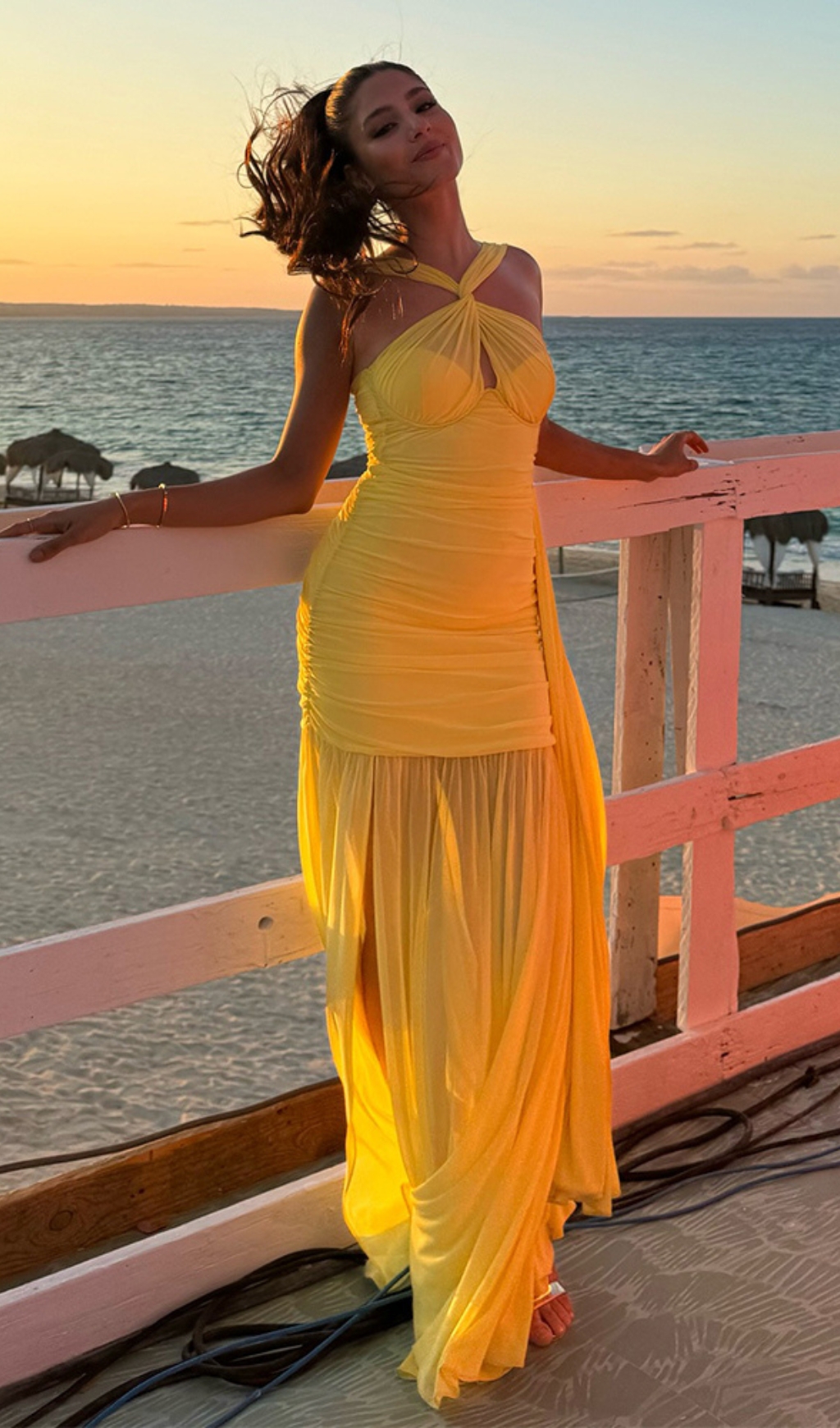 Fashionslee Women Bryony Yellow Halter Ruched Maxi Dress