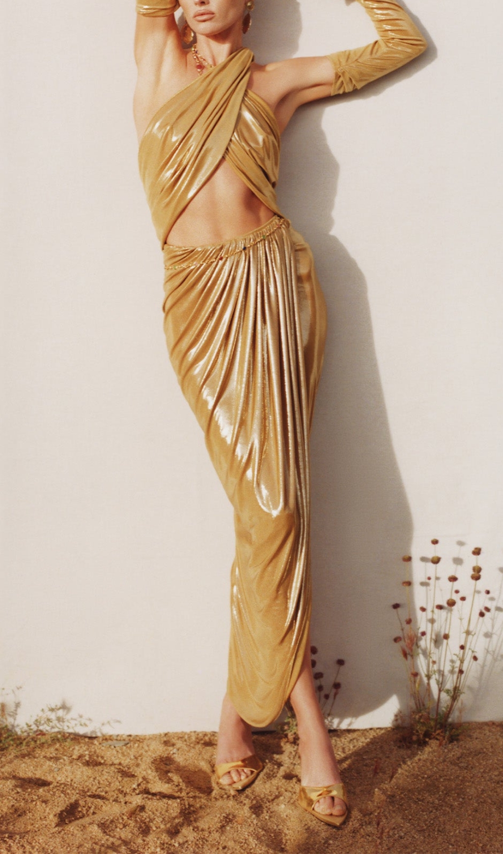 2e2c5d9ede7ca2690ec4ff08acee940e.jpg Fashionslee Women Bodie Gold Halter Long Sleeve Draped Maxi Dress
