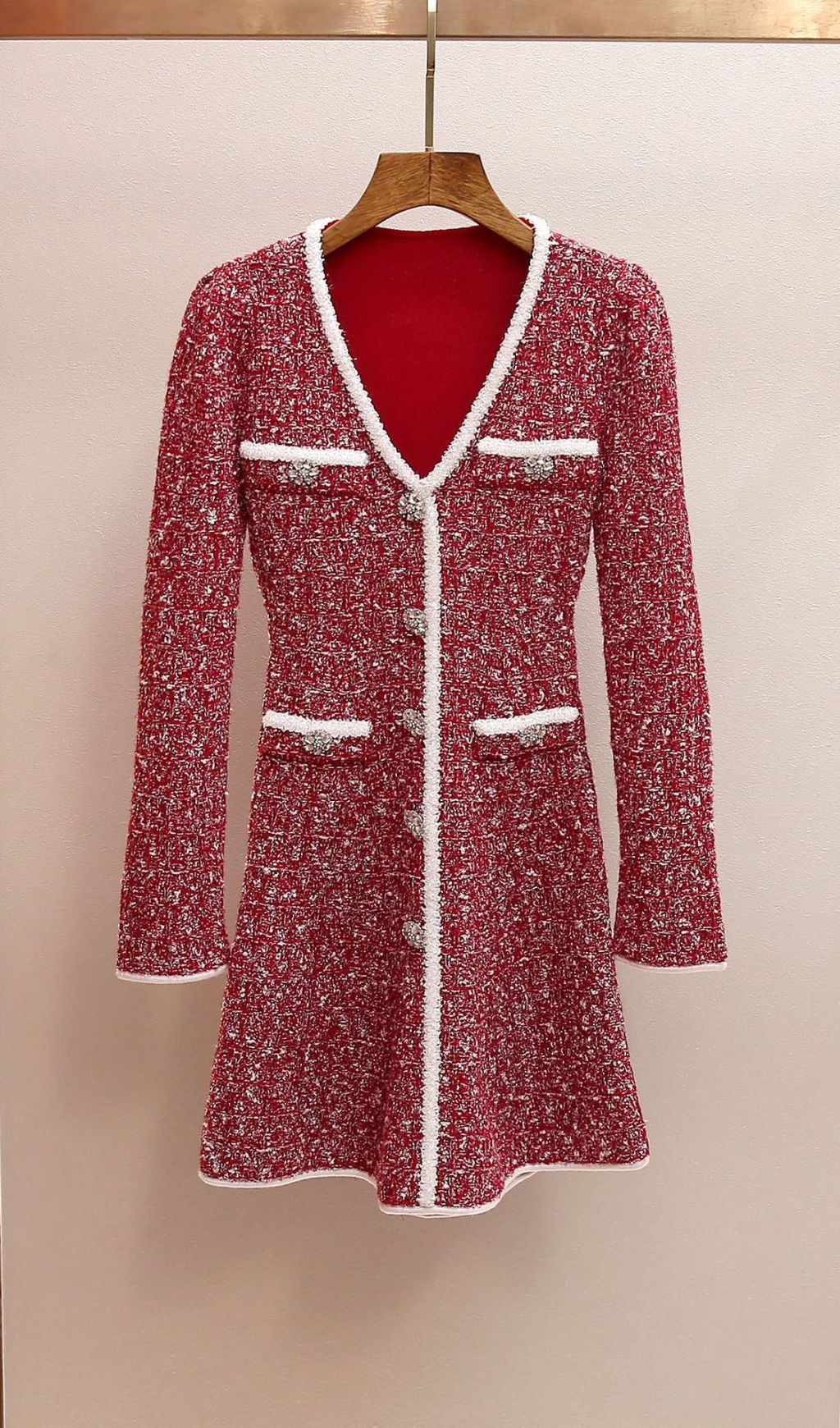 Fashionslee Women Jones Red Texture Long Sleeve Mini Dress