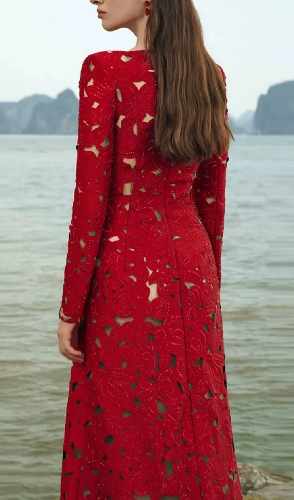 Fashionslee Women Kwanita Red Diamante Long Sleeve Maxi Dress