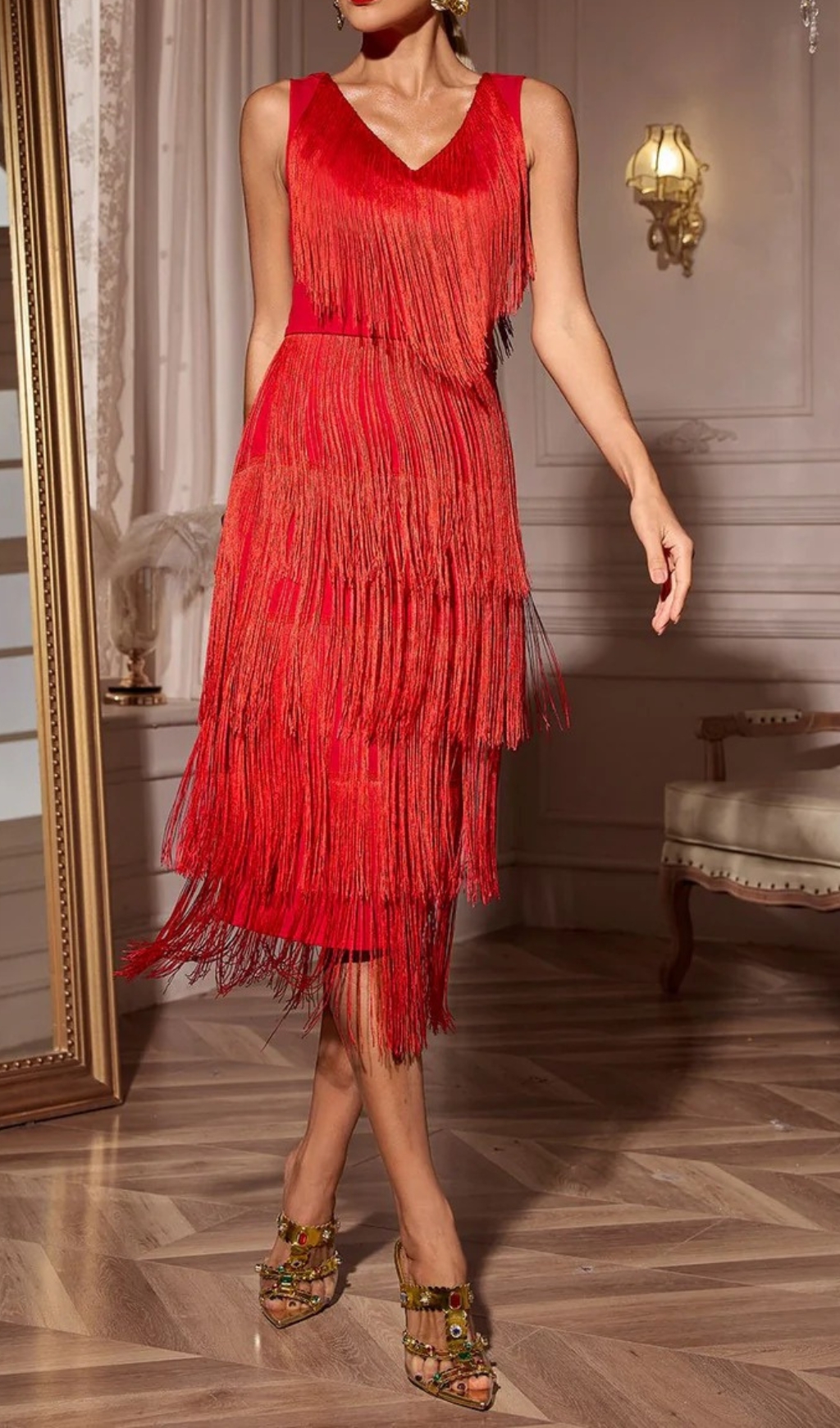 2e6f15ef0fc7be587cd0a0d182859bfe.jpg Fashionslee Women Chava Red V-Neck Fringe Midi Dress