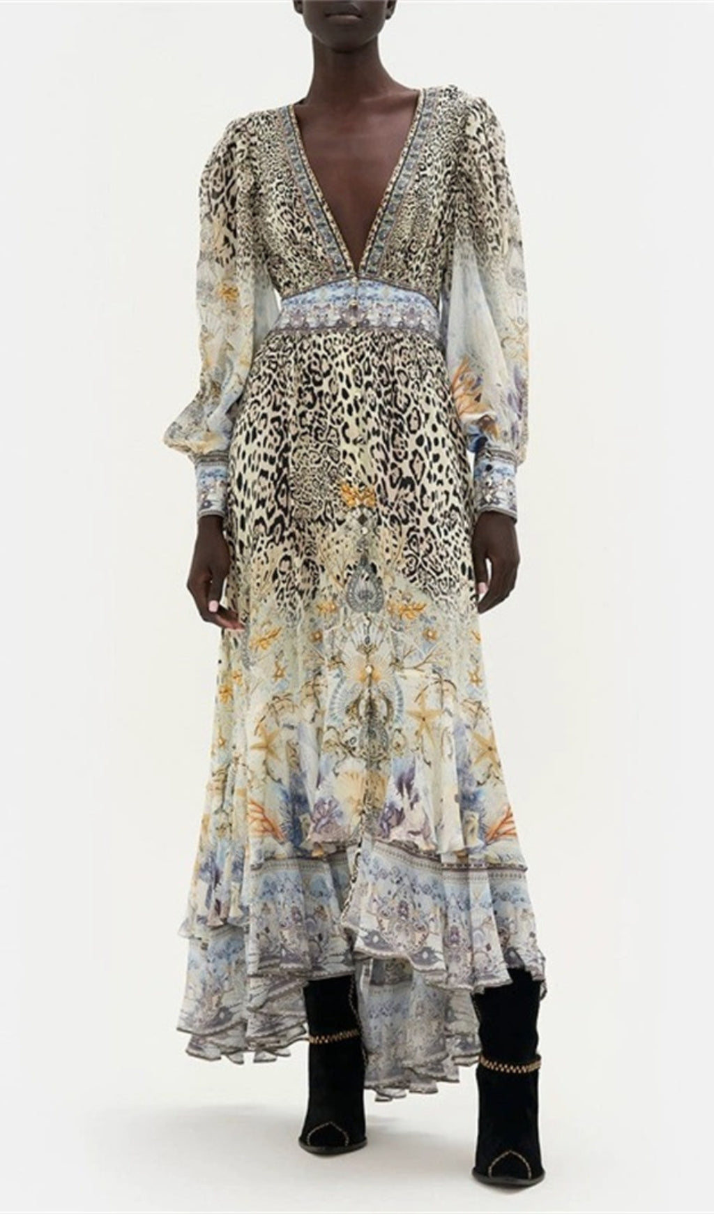 Fashionslee Women Long Sleeve Deep V-Neck Leopard Pattern Wrapped Waist Maxi Dress