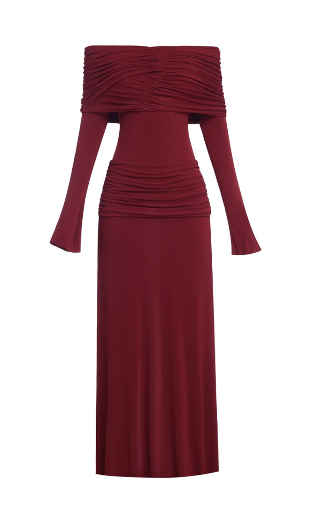 2e85f84ba66a8bca83f224e6cd715e7f.jpg Fashionslee Women Gala Wine Off-Shoulder Ruched Long Sleeve Maxi Dress