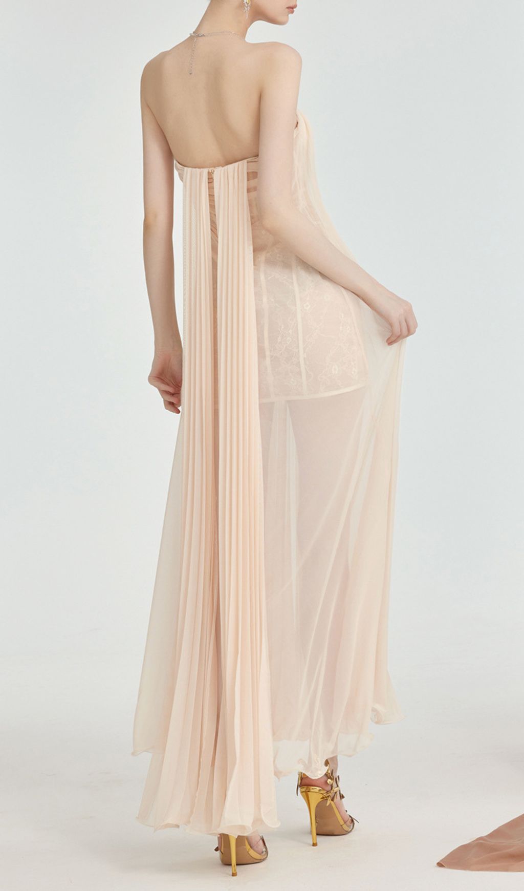 Fashionslee Women Fintan Apricot Strapless Mesh Lace Maxi Dress