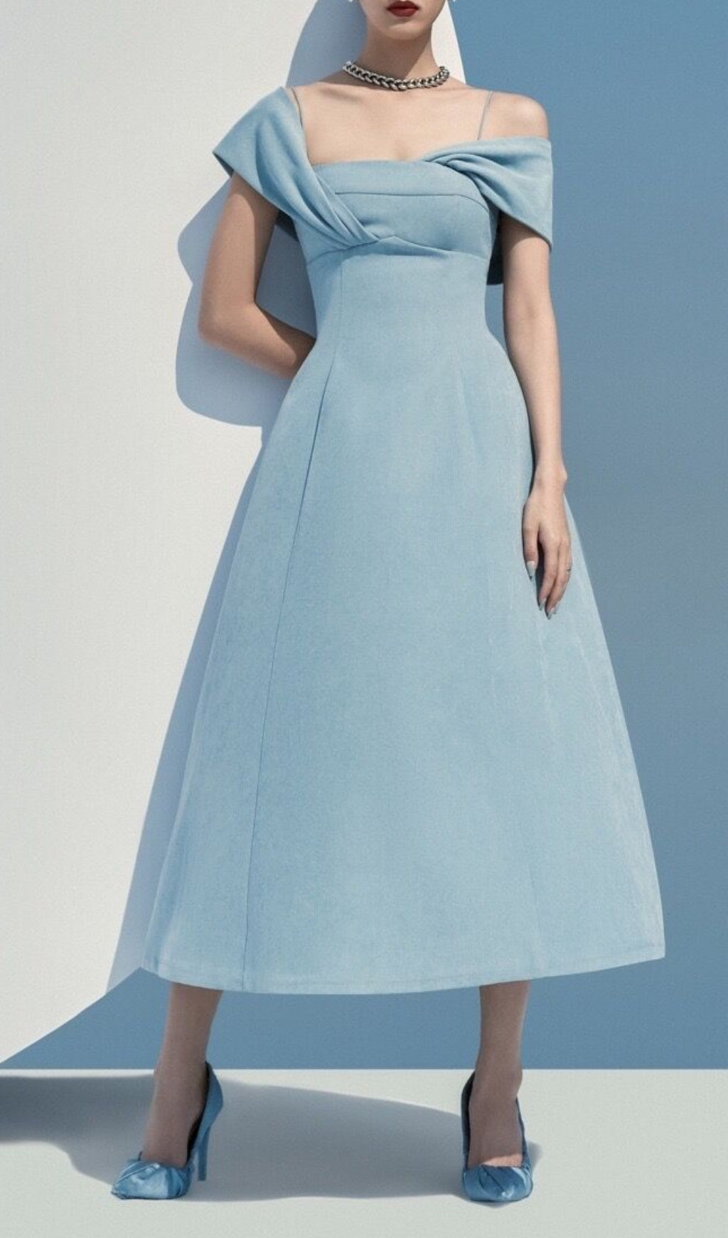 Fashionslee Women Haze Blue Oblique Shoulder Midi Dress