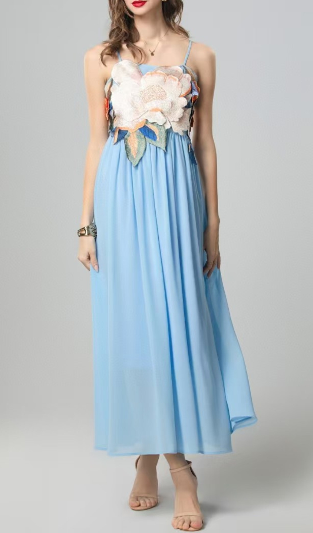 Fashionslee Women Emanuele Blue Flower Embroidery Maxi Dress