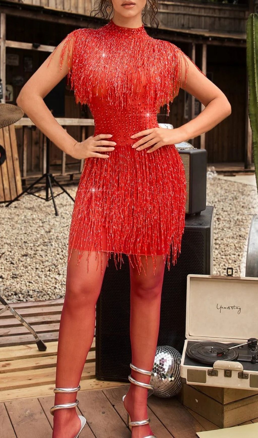 Fashionslee Women Acrune Fringe Rhinestone Glitter Mini Dress