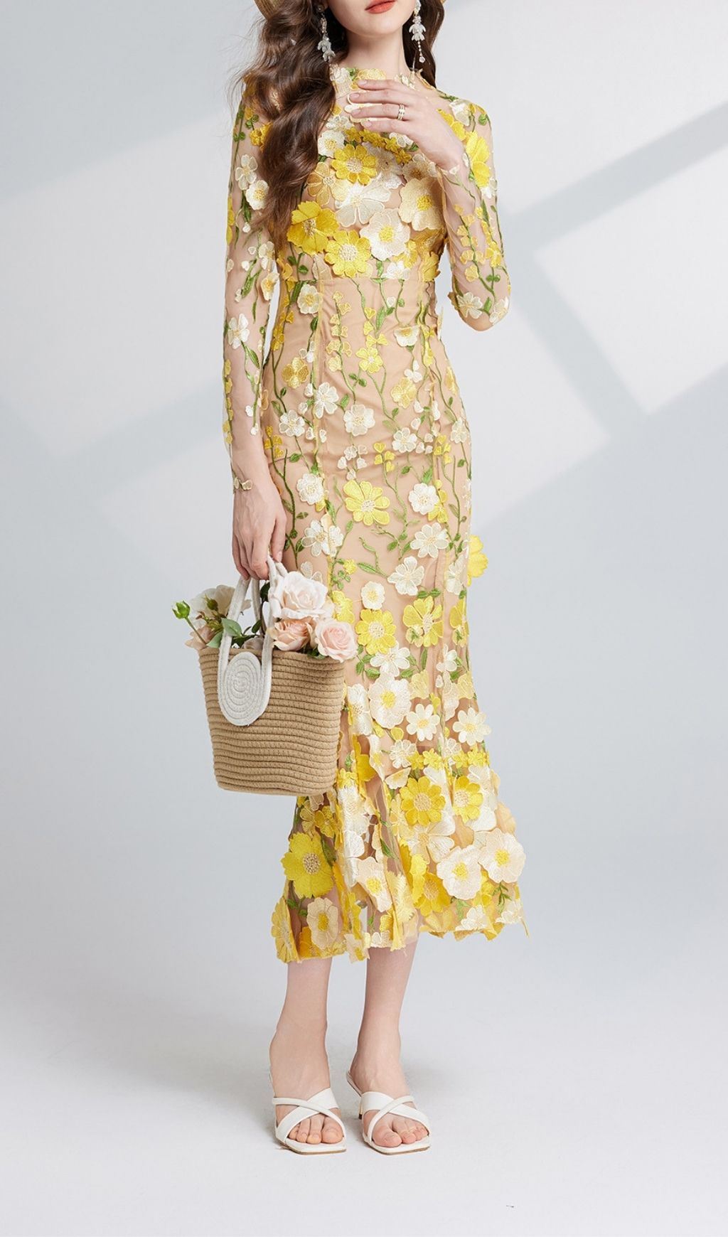 Fashionslee Women Carol Yellow Floral Embroidery Mesh Fishtail Long Sleeve Midi Dress