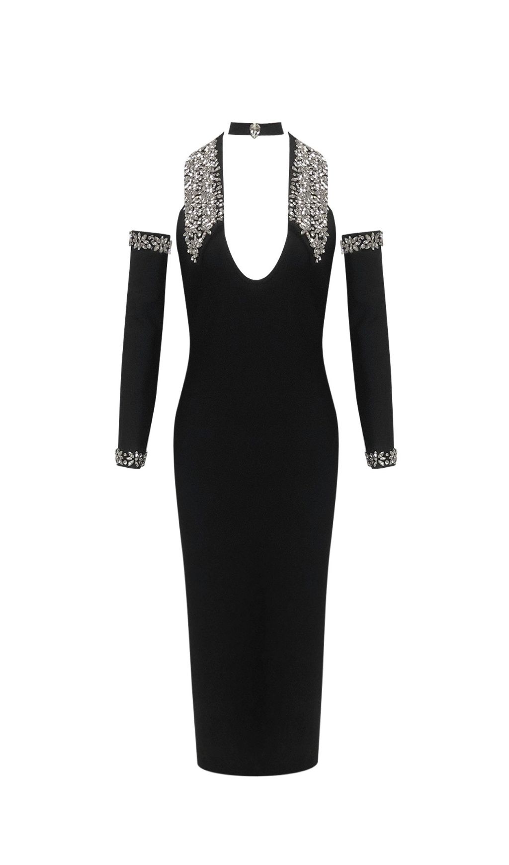 Fashionslee Women Jeneal Black Halter Diamante Midi Bandage Dress