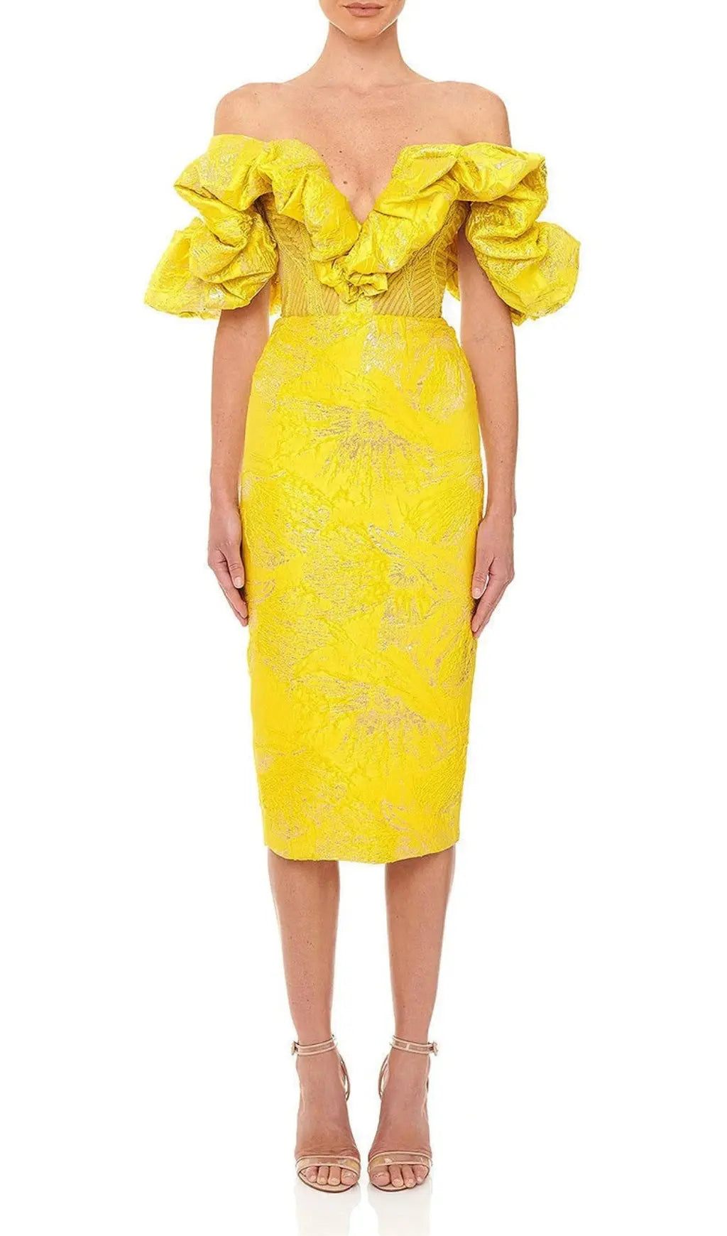 Fashionslee Women Jacquard Strapless Lace Midi Dress In Yellow